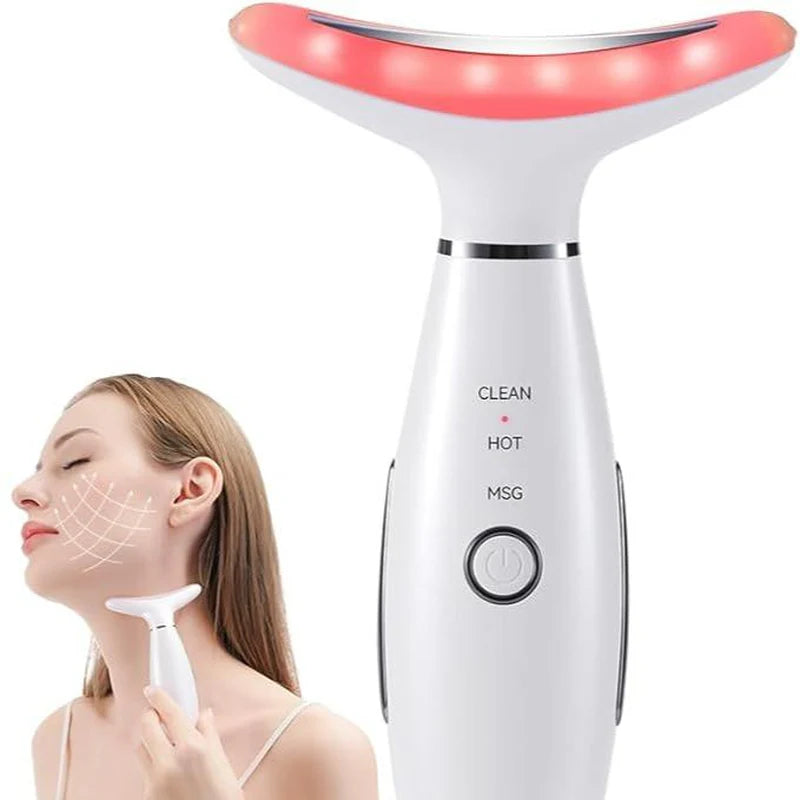 7-Color LED Face and Neck Massager in use on face with LED light on
