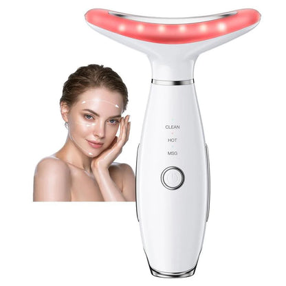 7-Color LED Face and Neck Massager with model demonstrating facial use