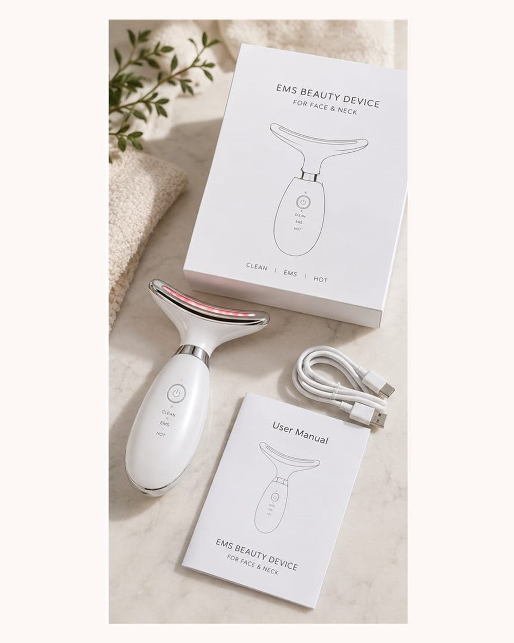 7-Color LED Face and Neck Massager with USB cable, user manual, and box